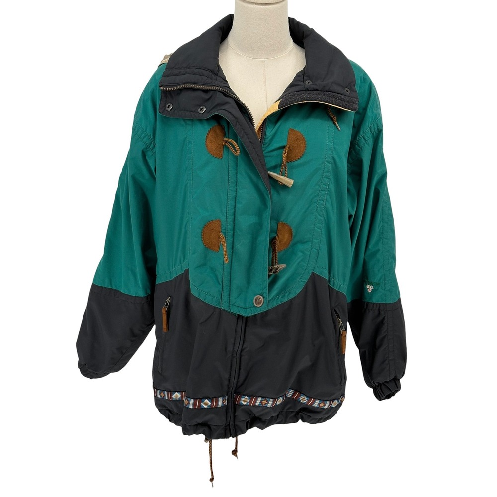 Vintage Obermeyer Trixter Ski Jacket Green Black Aztec Toggle Hooded Size 8